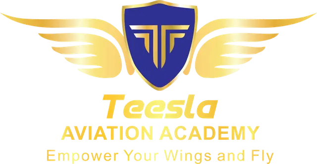 Teesla Aviation Academy logo: gold wings around a shield